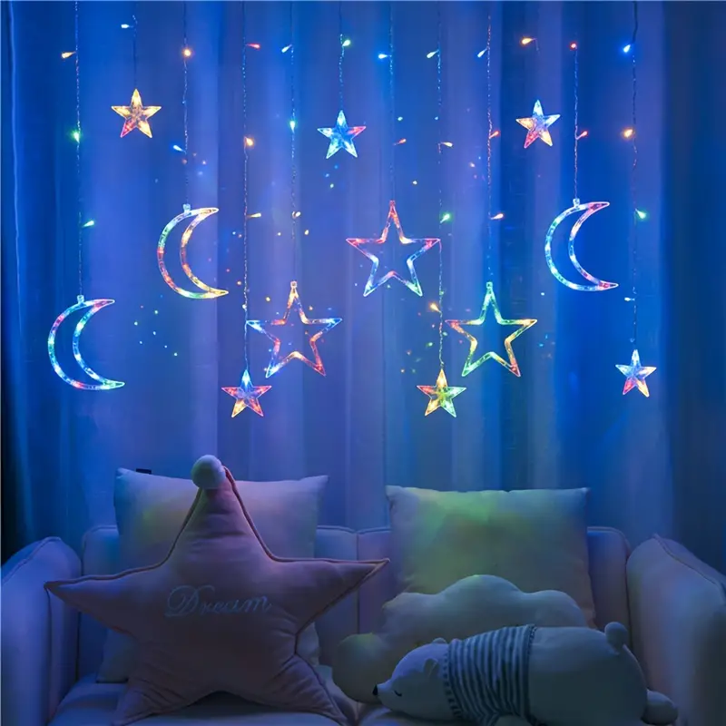 Christmas Moon Star Holiday Curtain Lights 138 LED (Solar/Plug) (Colour)