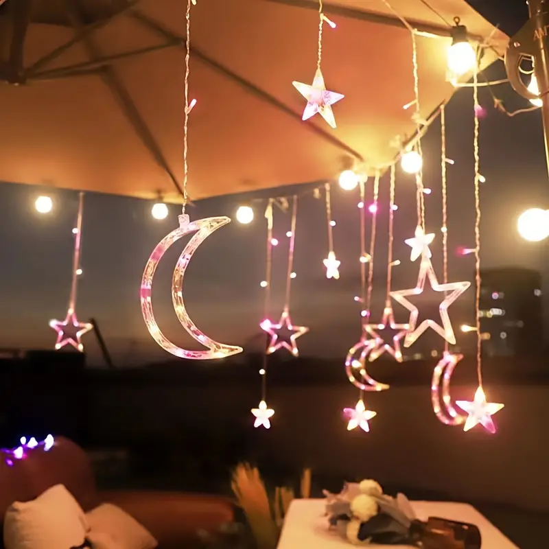 Christmas Moon Star Holiday Curtain Lights 138 LED (Solar/Plug) (Colour)