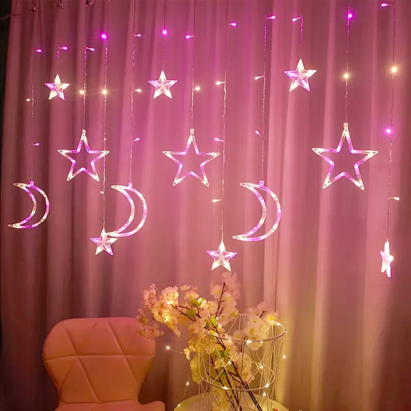 Christmas Moon Star Holiday Curtain Lights 138 LED (Solar/Plug) (Colour)