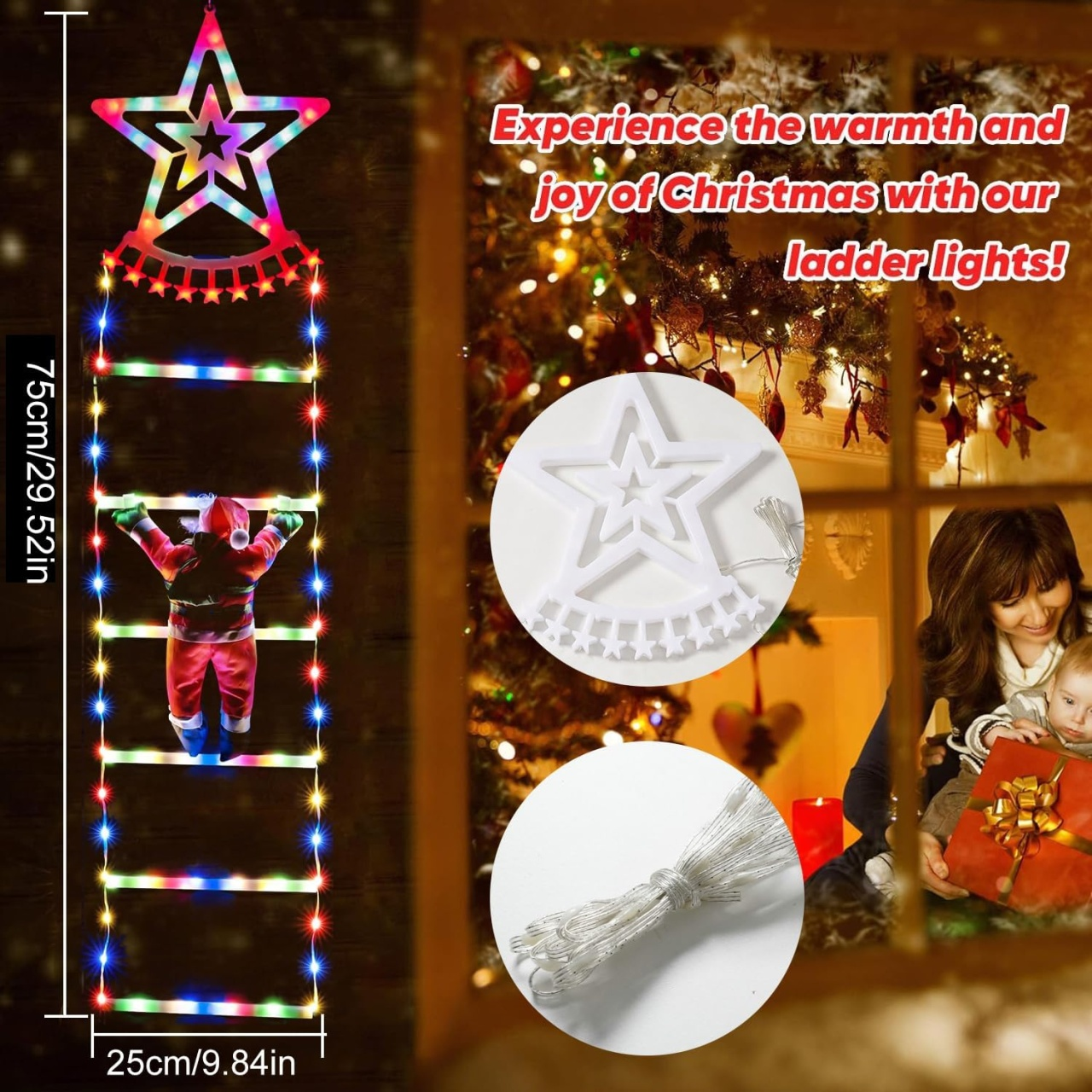 Christmas Climbing Santa On Star Ladder LED Lights (Solar/Plug) (Warm White)