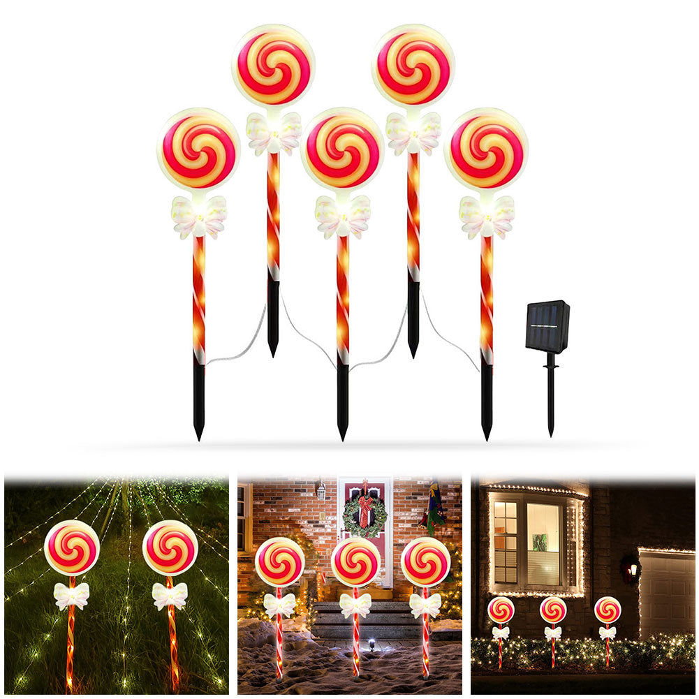 Solar Christmas Bow Lollipop Garden Lights (Set of 5)