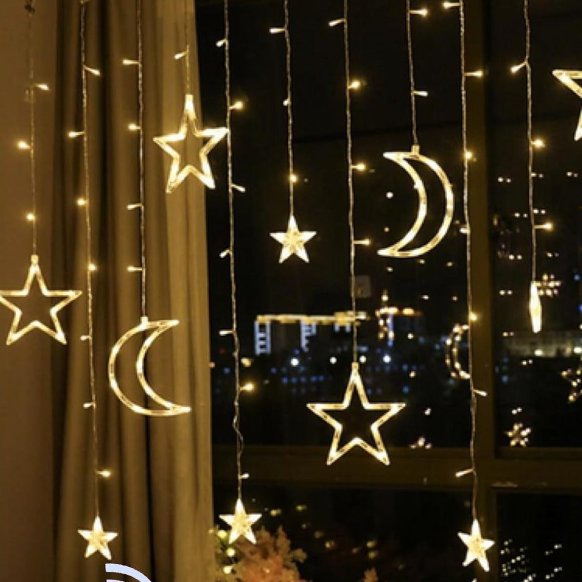 Christmas Moon Star Holiday Curtain Lights 138 LED (Solar/Plug/USB) (Warm White)