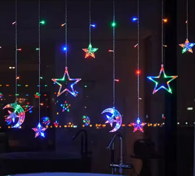 Christmas Ramadan Moon Star Holiday Curtain LED Lights (Solar/Plug) (Colour)
