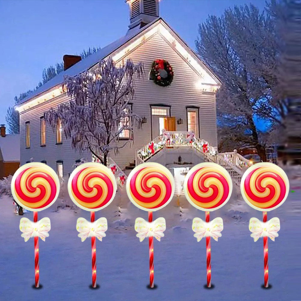 Solar Christmas Bow Lollipop Garden Lights (Set of 5)