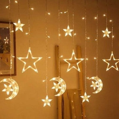 Christmas Ramadan Moon Star Holiday Curtain LED Lights (Solar/Plug) (Warm White)