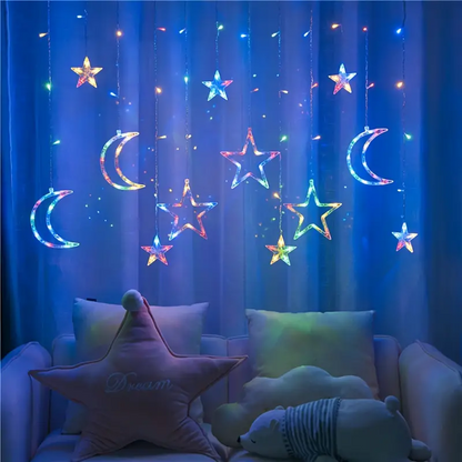 Christmas Moon Star Holiday Curtain Lights 138 LED (Solar/Plug) (Colour)