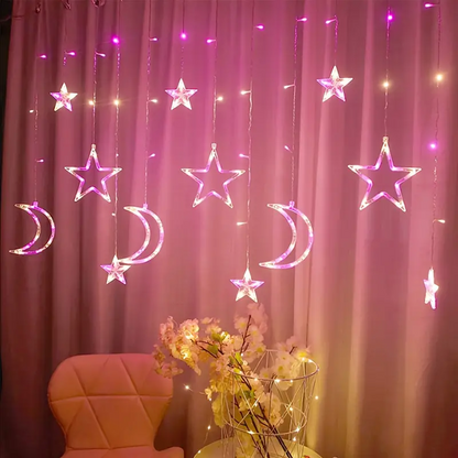 Christmas Moon Star Holiday Curtain Lights 138 LED (Solar/Plug) (Colour)