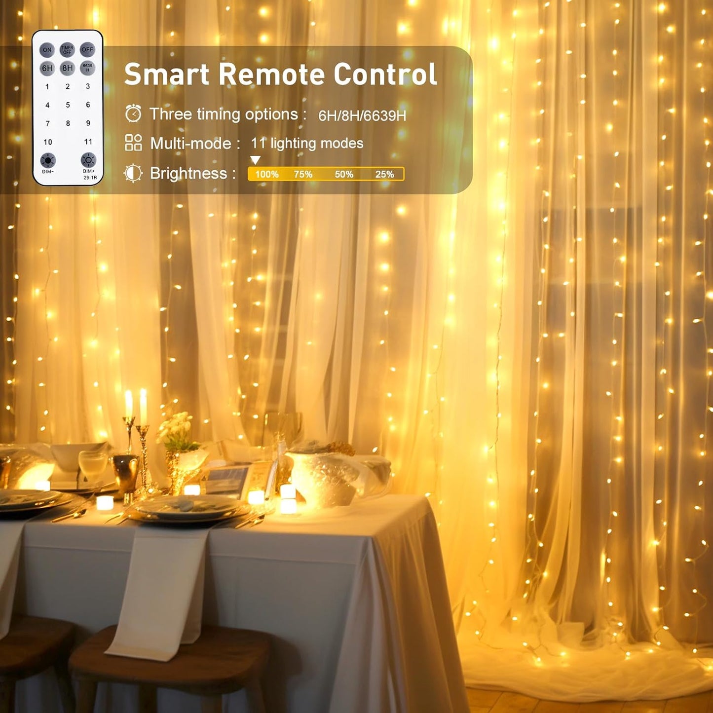 3*3M 300 LED Warm white Curtain Lights (Solar/Plug)
