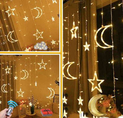Christmas Moon Star Holiday Curtain Lights 138 LED (Solar/Plug/USB) (Warm White)