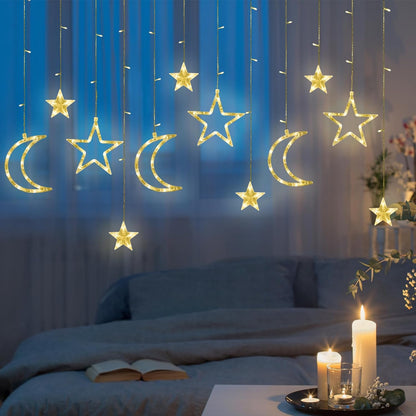 Christmas Moon Star Holiday Curtain Lights 138 LED (Solar/Plug/USB) (Warm White)