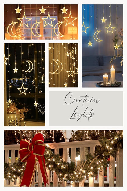 Christmas Moon Star Holiday Curtain Lights 138 LED (Solar/Plug/USB) (Warm White)
