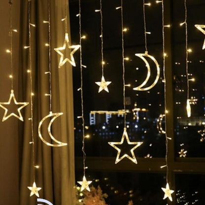 Christmas Moon Star Holiday Curtain Lights 138 LED (Solar/Plug/USB) (Warm White)