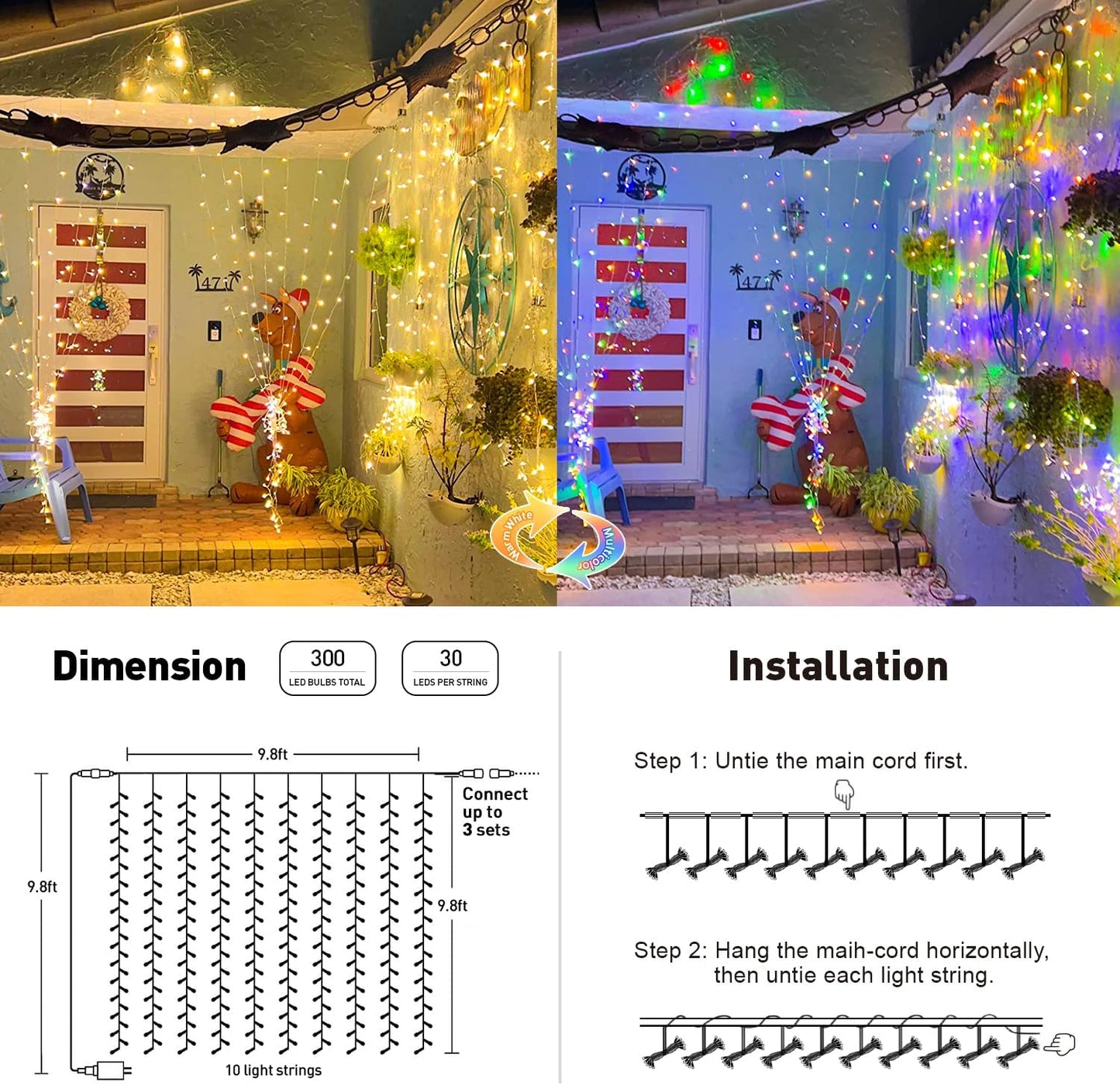 3*3M 300 LED Warm white Curtain Lights (Solar/Plug)