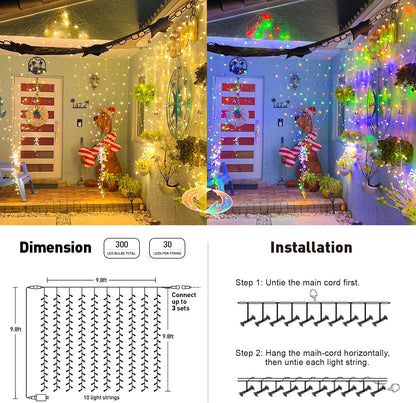 3*3M 300 LED Warm white Curtain Lights (Solar/Plug)