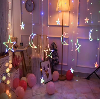 Christmas Moon Star Holiday Curtain Lights 138 LED (Solar/Plug) (Colour)
