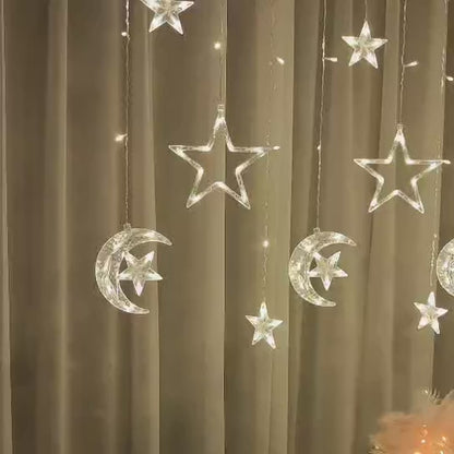 Christmas Ramadan Moon Star Holiday Curtain LED Lights (Solar/Plug) (Warm White)